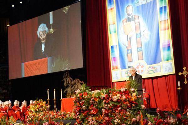Sister Marita Rother, sister of Blessed Stanley Rother, reads the first reading during the beatification Mass Sept. 24 at the Cox Convention Center. (Malea Hargett photo)