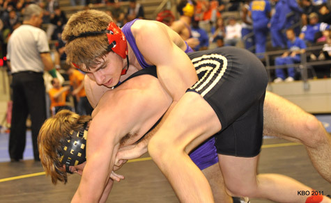 Catholic High School senior C.J. Egle wrestles in the state tournament Feb. 26 at the University of Arkansas at Little Rock. Egle and three other seniors were leaders of the school's team this year. The team placed ninth in the tournament.