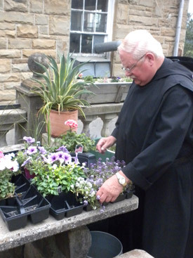 In addition to his other talents, Brother Edward Fischesser, OSB, also has a green thumb. He prepares to plant flats of flowering plants at Subiaco Abbey.