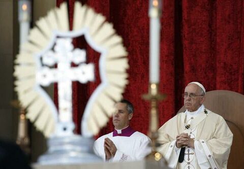 A reliquary containing relics of St. Junipero Serra is seen as Pope Francis celebrates his canonization and Mass outside the Basilica of the National Shrine of the Immaculate Conception in Washington Sept. 23.