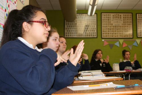 Mount St. Mary Academy in Little Rock began American Sign Language class this year as an elective or alternative to a foreign language for students with learning differences. From left are Arely Rodriguez, 16; Chloe Lay, 14; and Avery Hawkins, 16.