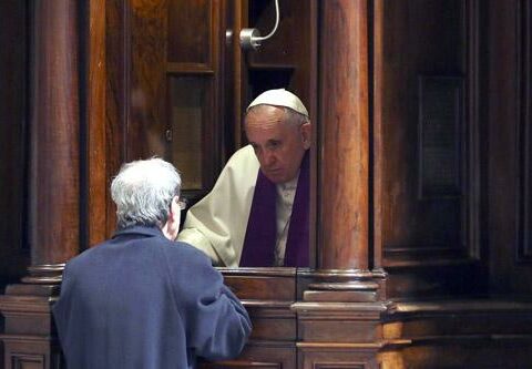 Pope Francis hears confession during a penitential liturgy in early March 2015 in St. Peter's Basilica at the Vatican. During his Aug. 2, 2015, Angelus, Pope Francis told people not to be afraid or ashamed to go to confession.