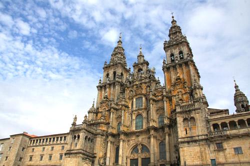 Pilgrims walk the Way of St. James for months to arrive at Santiago Cathedral. It is home of relics of St. James in Santiago de Compostela in Spain.