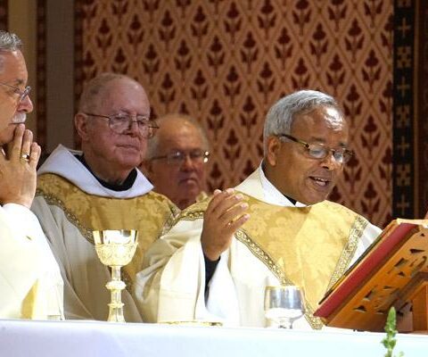Father Aby Abraham, IMS (right), concelebrates the June 26 Jubilarian Mass at the Cathedral of St. Andrew in Little Rock with Bishop Anthony B. Taylor (left). Father Abraham, pastor of St. Joseph Church in Center Ridge, is celebrating 25 years as a priest.