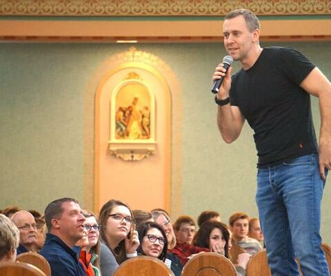 Chris Stefanick, renowned Catholic speaker, author, TV personality and founder of Real Life Catholic, engaged the crowd during his Reboot! program at St. Joseph Church in Conway Feb. 13.