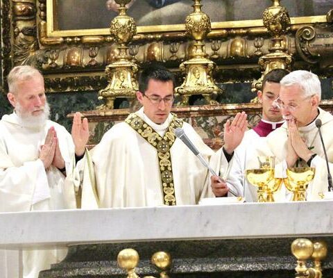 Msgr. Scott Friend (left), diocesan vocations director, and Bishop Anthony B. Taylor traveled to Rome to celebrate the ordination Mass for Father Martin Amaro (center) in the Choir Chapel of St. Peter Basilica May 11.