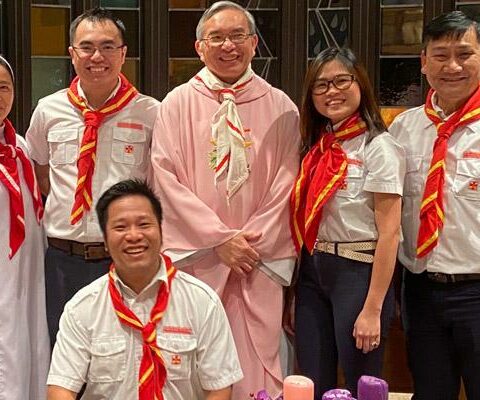 Leaders of the Vietnamese Eucharistic Youth Movement at St. Vincent de Paul in Rogers include Sister Hoa Nguyen, OP (left), chaplain assistant, Phi Nguyen, Companion group teacher (ages 13-15), Joseph Do (kneeling), Knights of the Eucharist teacher (ages 16-17), Father Peter Le, associate pastor of Sacred Heart of Mary in Barling, Thuy Nguyen, Search group teacher (ages 10-12) and Manh Tran, Seedling group teacher (ages 6 to 9).