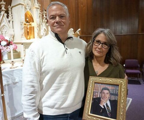Dan and Kim Rankin hold a Catholic High School photo of their son, Danny Rankin, who died in 2012 of an accidental drug overdose at 27 years old. They attend Immaculate Heart of Mary Church in North Little Rock (Marche).
