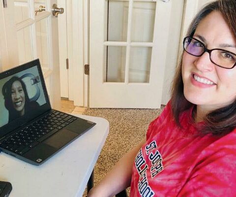 School counselor Suzanne Krumpelman chats online with Michelle Sexton, secretary at St. Joseph School in Fayetteville, April 25. Krumpelman is help-ing parents at St. Joseph Church and School navigate the world of online schooling and the emotions they might be experiencing.