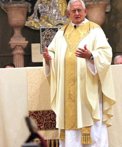 Msgr. J. Gaston Hebert delivers a homily May 28, 2017, from a familiar church, Christ the King in Little Rock, which he led for 20 years. He was asked to return to deliver the homily for the first Mass of Father Stephen Hart.