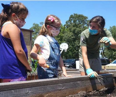 Rising fourth grade students Clara Hum (left) and Blair Bramlett, both 9, listen Aug. 6 to AmeriCorps volunteer Carey McKay explain that old roots can be added to the compost pile at the Immaculate Conception School garden in North Little Rock.