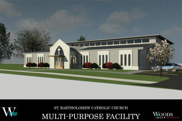 This artist&rsquo;s rendering shows the planned new Parish Life Center for St. Bartholomew Church in Little Rock. Support from across the diocese through the One Church initiative is hoped to add enough to the parish&rsquo;s savings to let them start construction. (Courtesy Woods Group Architects)