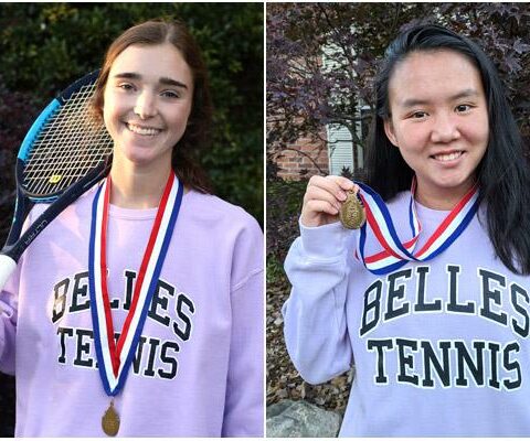 Mount St. Mary senior Libby Franks (left) and junior Tasha Moreland show off the 2020 conference medals won in doubles tennis. The duo, formed late in the season, also placed third at state.