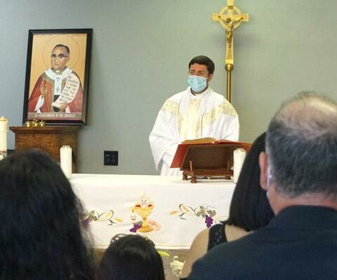 Father Tony Robbins celebrates Mass in Spanish on Easter, April 4, for the St. Oscar Romero Catholic Community in Greenbrier. Two Masses were held on Easter Sunday, their first since the COVID-19 pandemic began.