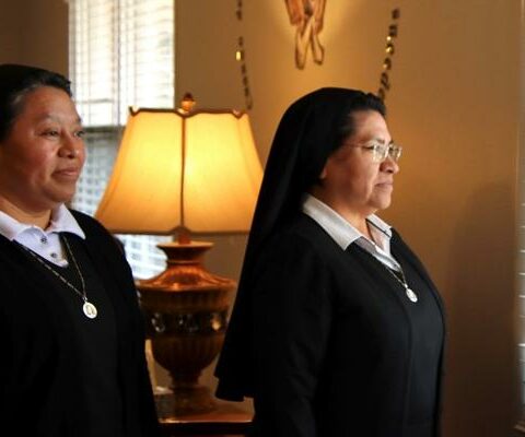 Sister Deyanira Gonzalez, MCMI (left) and Sister Minerva Morales, MCMI, seen here April 7 in their offices at St. Raphael Church in Springdale have seen an increase of adolescent and young women seeking support for depression and other mental health issues, especially since the pandemic began.