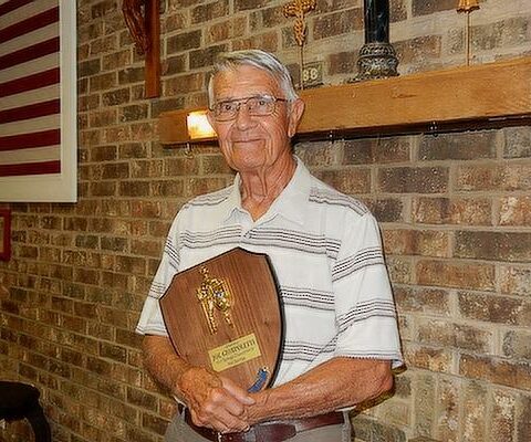 Joe Giompoletti, a member of St. Mary Church in Hot Springs, holds the Knight of the Year award he was given May 1 during the Knights of Columbus state convention.