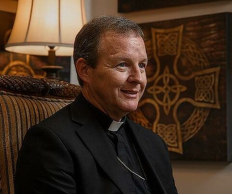 Bishop-elect Erik Pohlmeier answers questions June 21 at Christ the King Church in Little Rock, where he was pastor until July 1. He will be ordained the 11th bishop of the Diocese of St. Augustine, Fla., July 22.
