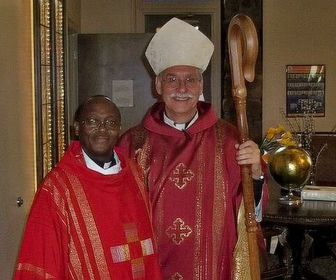 Father Polycarp Ssebbowa is seen here with Bishop Anthony B. Taylor at the April 21 confirmation at St. James Church in Searcy. Father Ssebbowa will celebrate the 25th anniversary of his priestly ordination Aug. 15. He has held numerous roles in the diocese.