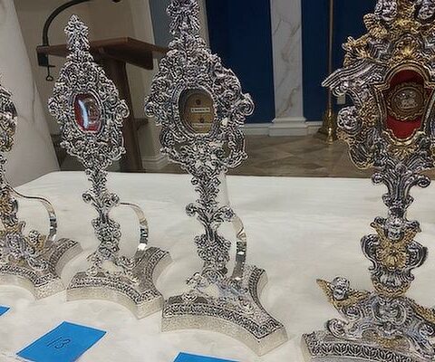 Reliquaries of St. Augustine; Sts. Felicity, Perpetual and Polycarp; St. Benedict and St. Gregory the Great; and St. Pius X are displayed at Our Lady of Sorrows Church in Springdale Nov. 21.
