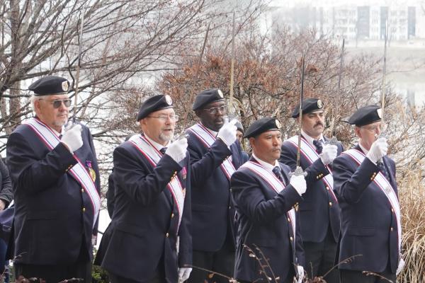 An honor guard of Knights of Columbus from across the diocese raise their swords in a sign of respect at a stop during the Eucharistic Procession for Life in Little Rock&#039;s Riverfront Park, Jan. 22. (Malea Hargett photo)  