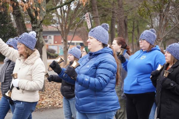 The handbell choir at Mary Mother of God Church in Harrison was invited to provide music for the Eucharistic Procession for Life in Little Rock&#039;s Riverfront Park, Jan. 22. (Malea Hargett photo)