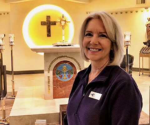 Mary Hunt, president of Pax Christi of Little Rock, stands in the adoration chapel at Christ the King Church in Little Rock Jan. 30.