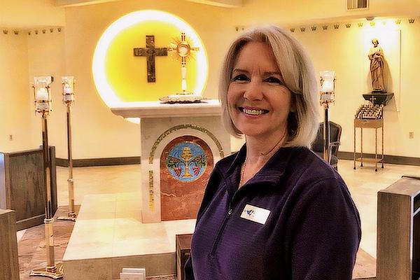 Mary Hunt, president of Pax Christi of Little Rock, stands in the adoration chapel at Christ the King Church in Little Rock Jan. 30.