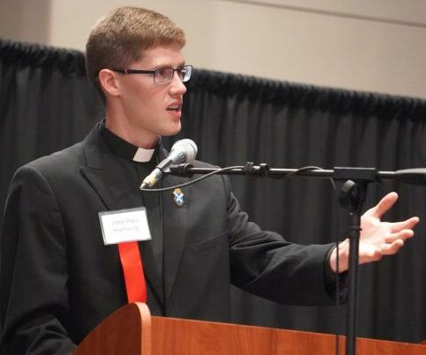 Deacon John Paul Hartnedy was the master of ceremonies during the Taste of Faith fundraising dinner Aug, 6, 2022, at the Statehouse Convention Center in Little Rock. Hartnedy will be ordained a priest of the Diocese of Little Rock May 27.