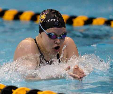 Olivia Chambers, a 2021 Mount St. Mary Academy graduate, competes in the Missouri Valley Conference Championships in Iowa City in February.