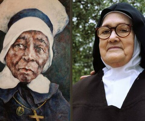 A painting depicts Mother Mary Elizabeth Lange (left), and at right is a 2000 photo of Carmelite Sister Lucia dos Santos. Mother Lange founded the Oblate Sisters of Providence in Baltimore, the world's first sustained women's religious community for Black women. Sister Lucia was the eldest of three Portuguese children to report apparitions of the Virgin Mary in 1917 in Fatima, Portugal. Pope Francis signed decrees June 22 recognizing the heroic virtues of both women and declaring each of them "venerable." (OSV News photos courtesy Catholic Review for Mother Lange and Shrine of Fatima for Sister Lucia)