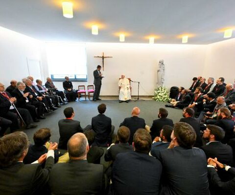 Pope Francis meets with 90 Jesuits of the Society of Jesus in Lisbon Portugal, Aug. 5, 2023.