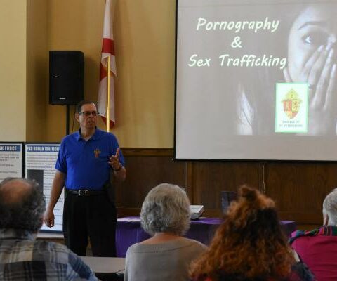Deacon Fred Molina gives a presentation on pornography and human trafficking to a parish in the Diocese of Orlando Mar. 8, 2019.