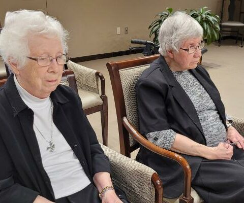 Sisters Maria DeAngeli (left) and Elise Forst, OSB, pray on the vigil of St. 
Scholastica Feb. 9 in the St. Scholastica Monastery chapel in Fort Smith.