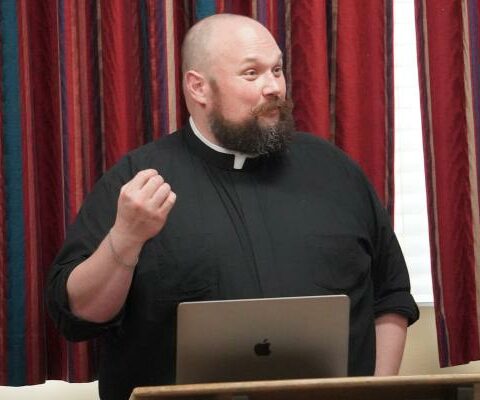 Father Colin Blatchford from Courage International talks about navigating same-sex attractions and gender dysphoria in the Catholic Church during an informational meeting with diocesan employees and youth ministers April 17. (Malea Hargett)