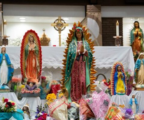 At the school mass at St. Theresa School in Little Rock May 3, images of Mary were displayed and the entire student body was invited to bring flowers to honor Mary. (Edgar Aranda)
