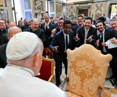 Pope Francis engages in a light-hearted moment with comedians Stephen Colbert, Chris Rock, Jimmy Fallon and other comedians after an audience at the Vatican June 14. (CNS photo/Vatican Media)